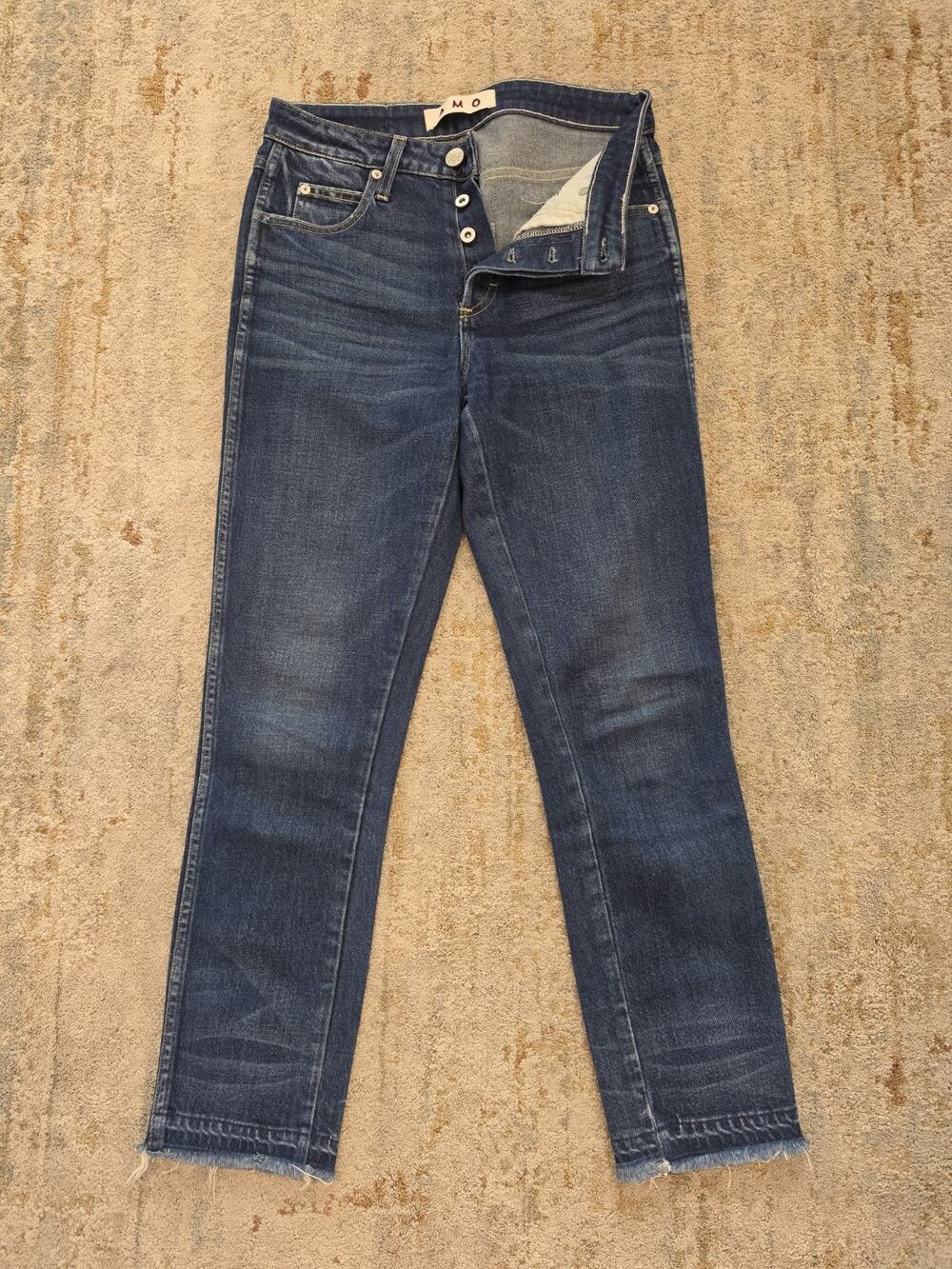 AMO Women's Size 27 Dark Wash True Blue Mid-Rise Skinny Frayed Hem Jeans